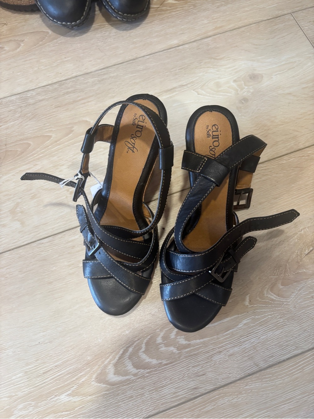 EuroSoft Black Leather Strappy Heel Sandals for Women